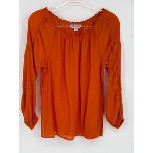 Counterparts Orange Peasant Blouse Crochet Trim Long Sleeve Top Boho Sz S‎ Chic